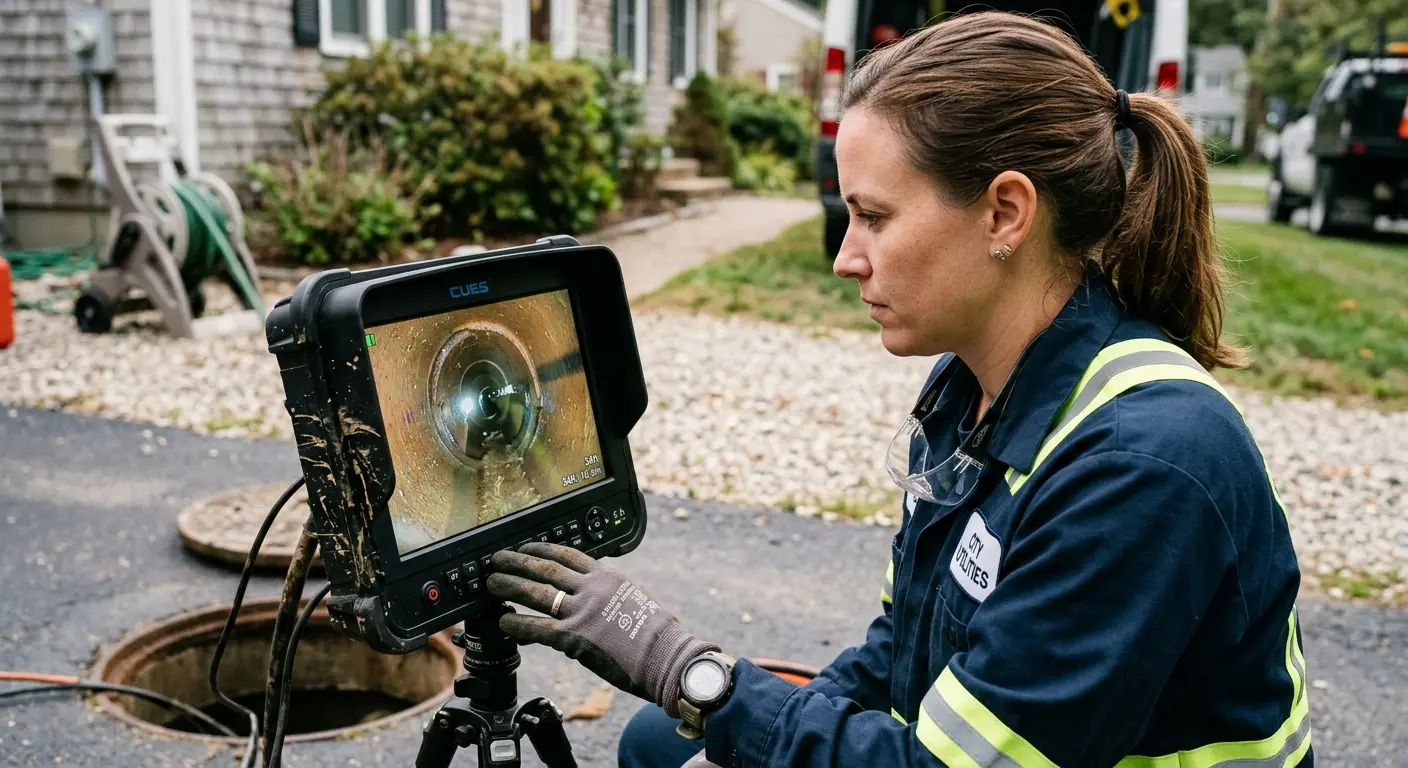Technician reviewing sewer camera inspection footage in Clinton