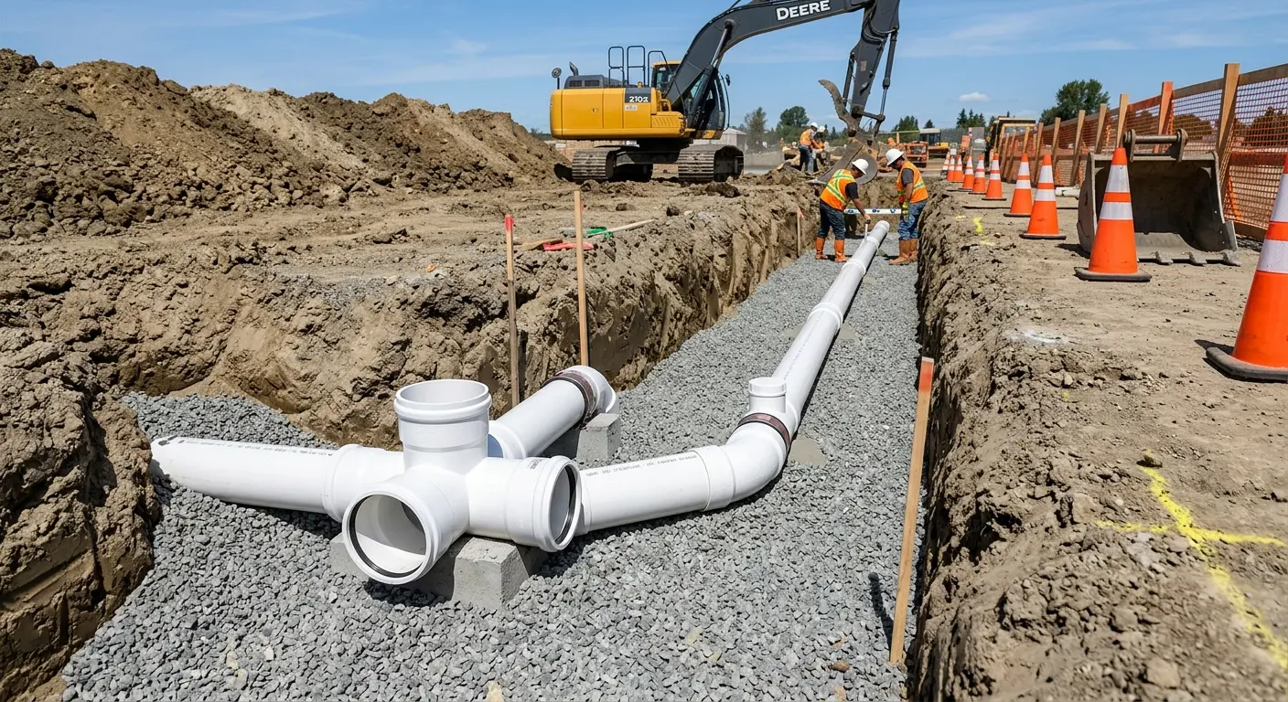 New PVC sewer pipe installation in open trench for Commercial Drain Cleaning in Clinton